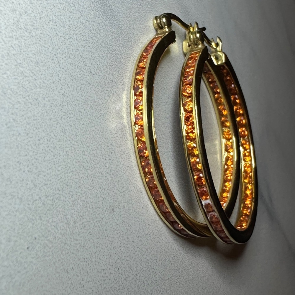 Gold Over Sterling Silver 925 Orange Citrine Channel Set Hoop Earrings Medium